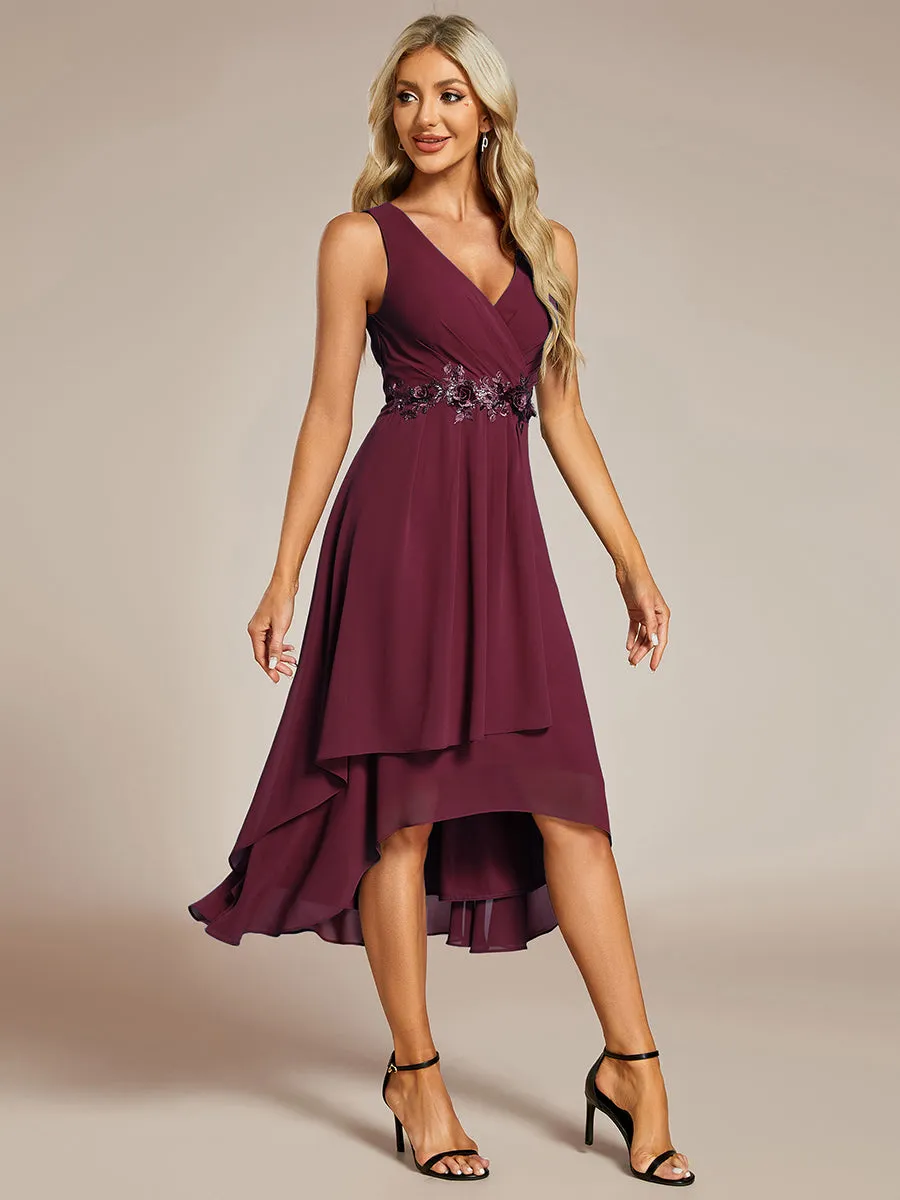 Chiffon Appliques V Neck Tea Length Sleeveless  Wedding Guest Dress