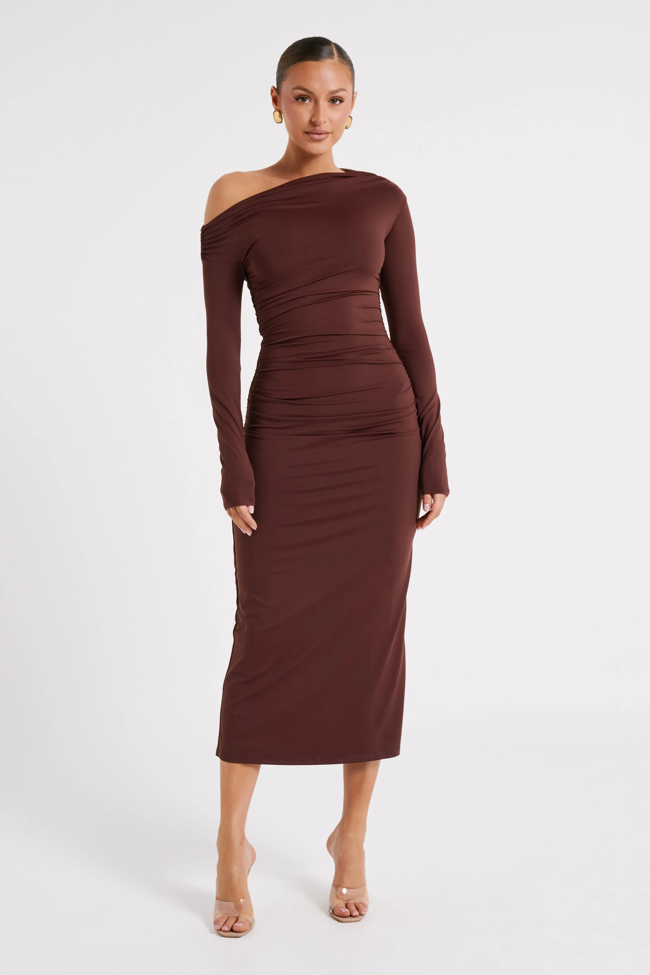 Christabel Recycled Nylon Ruched Midi Dress - Chocolate