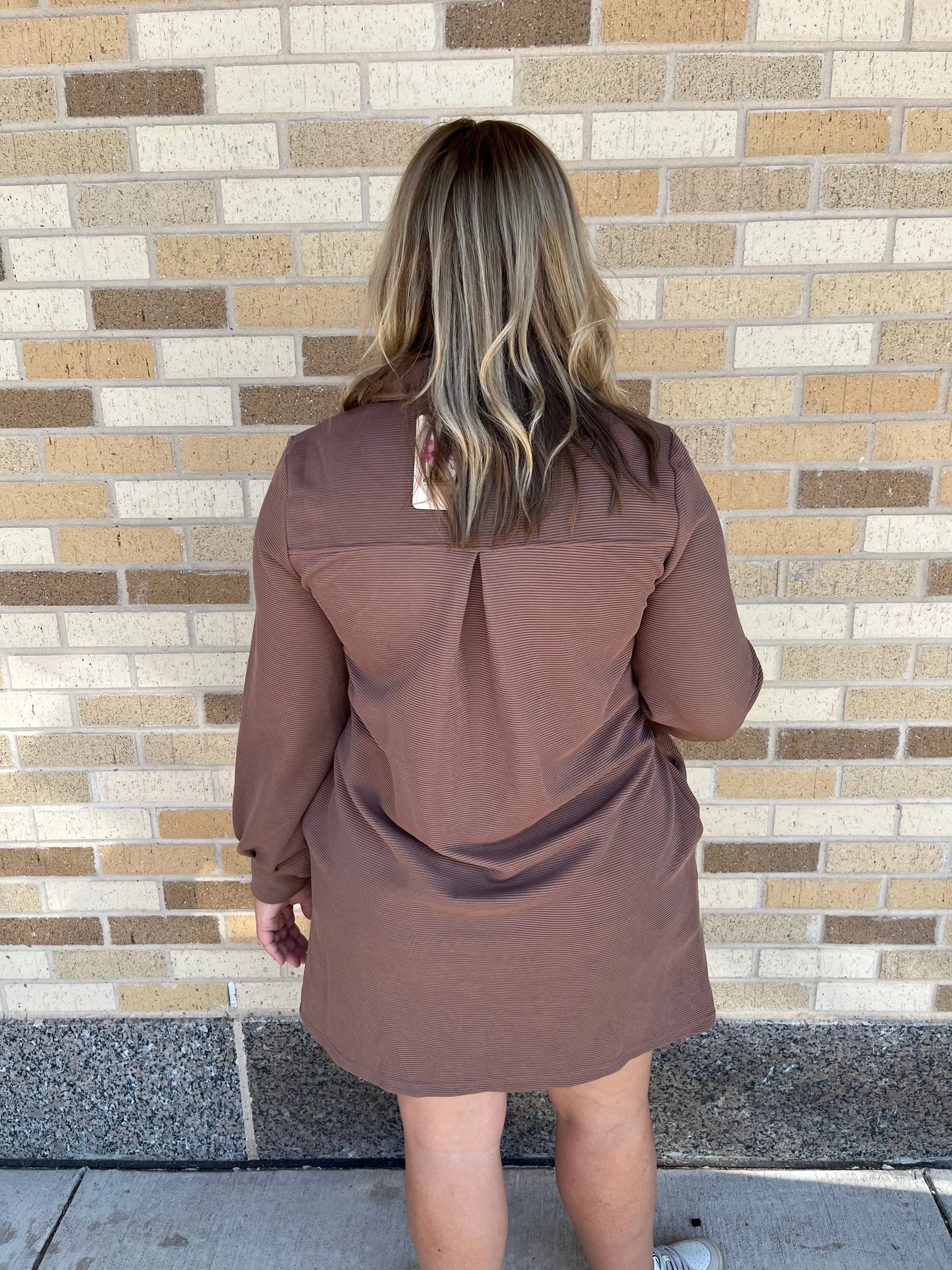 Collared Long Sleeve Ribbed Dress - Mocha