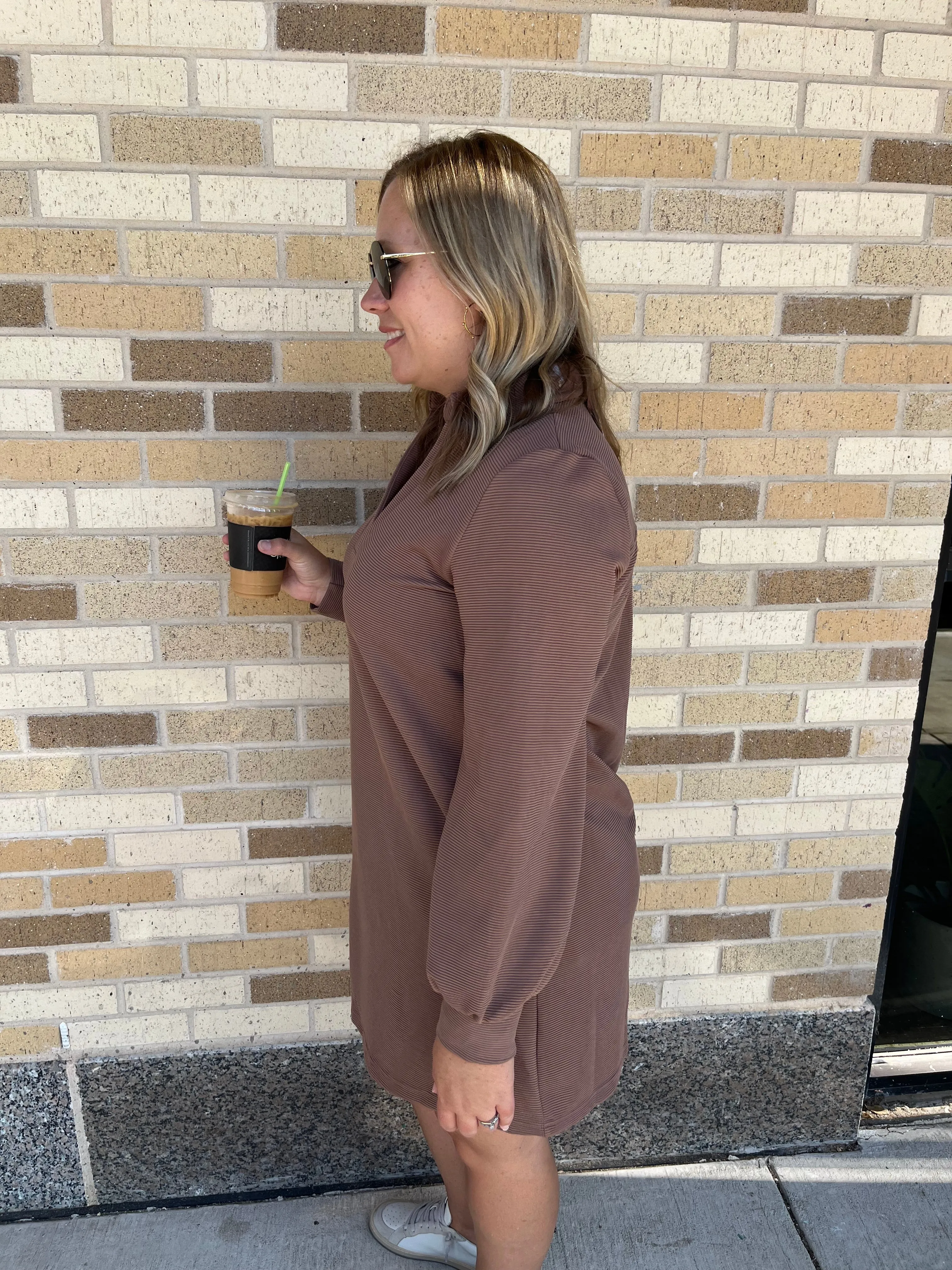 Collared Long Sleeve Ribbed Dress - Mocha