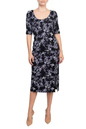 Connected Apparel Scoop Neck 3/4 Sleeve Slit Side Floral Print Knit Dress