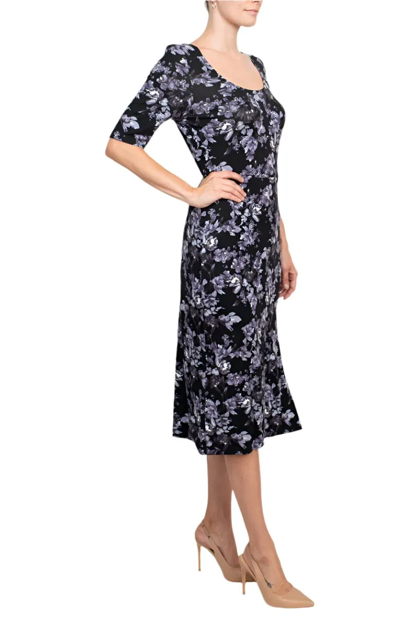 Connected Apparel Scoop Neck 3/4 Sleeve Slit Side Floral Print Knit Dress