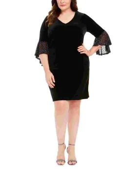 Connected Women's Bell Sleeve V Neck Sheath Cocktail Dress Black Size 22W