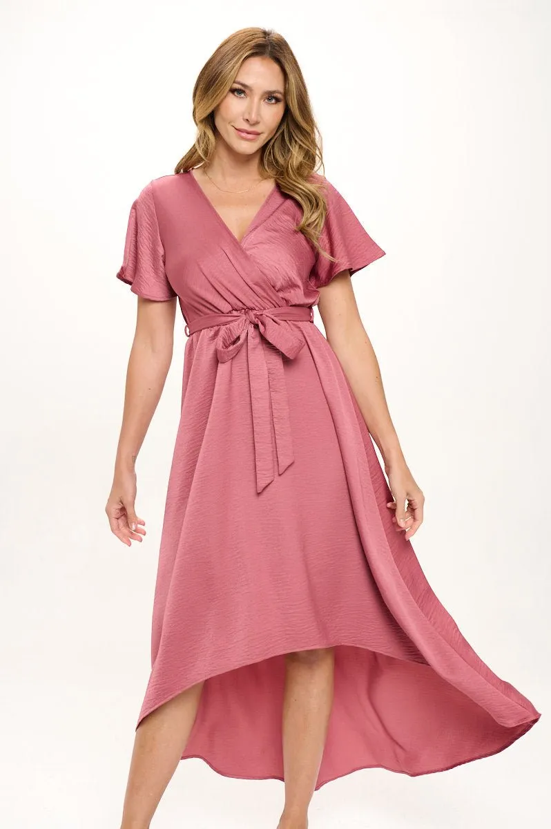 Crinkled Satin Georgia Faux Wrap Dress with Hi-Low Hem and Tie Waist