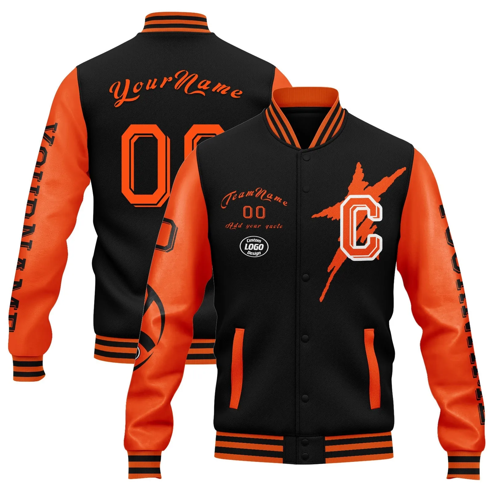 Custom Black Orange Cincinnati Jacket Bomber Full-Snap Varsity Letterman Personalized Jacket FZ005SX-D020290-6