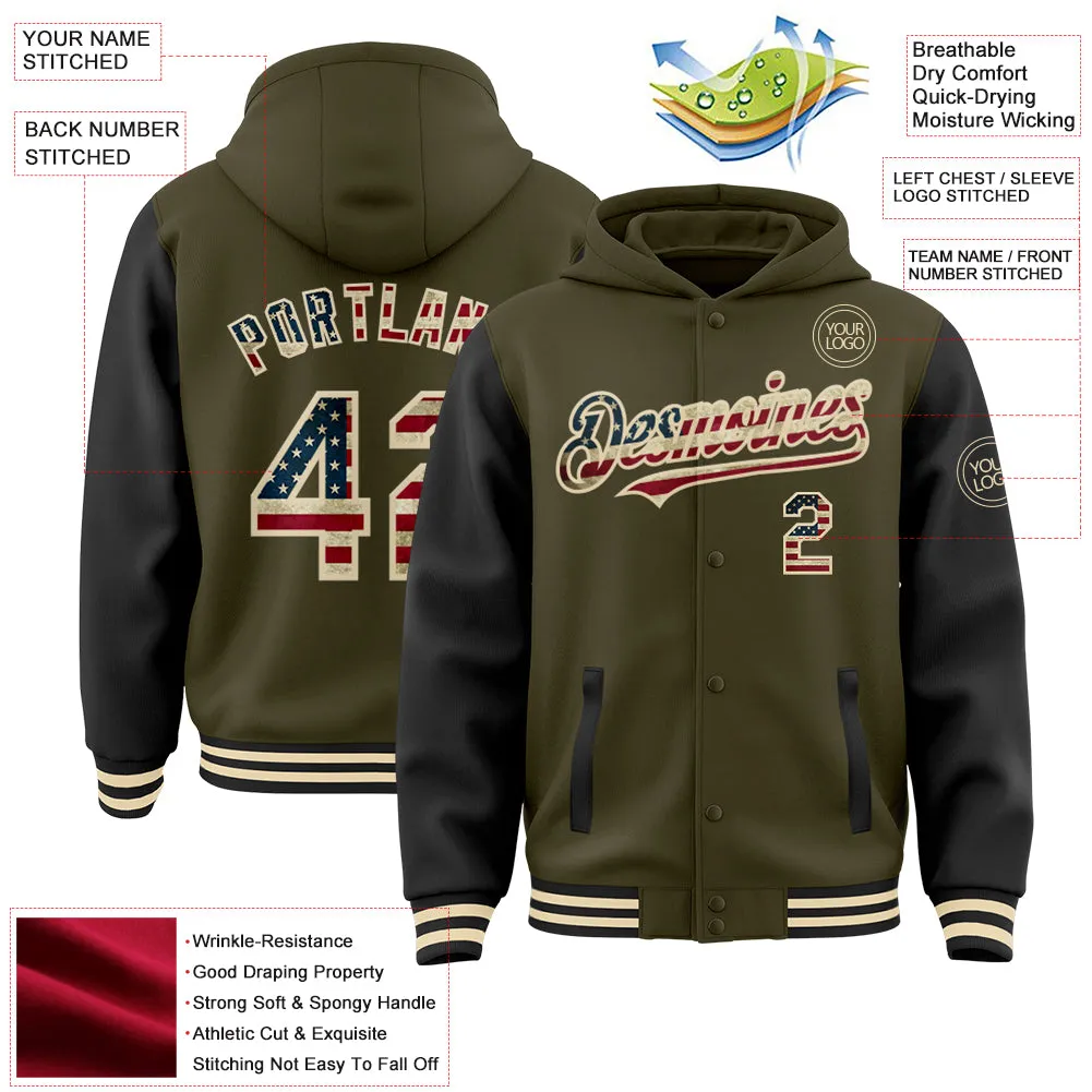 Custom Olive Vintage USA Flag Cream-Black Bomber Full-Snap Varsity Letterman Two Tone Salute To Service Hoodie Jacket