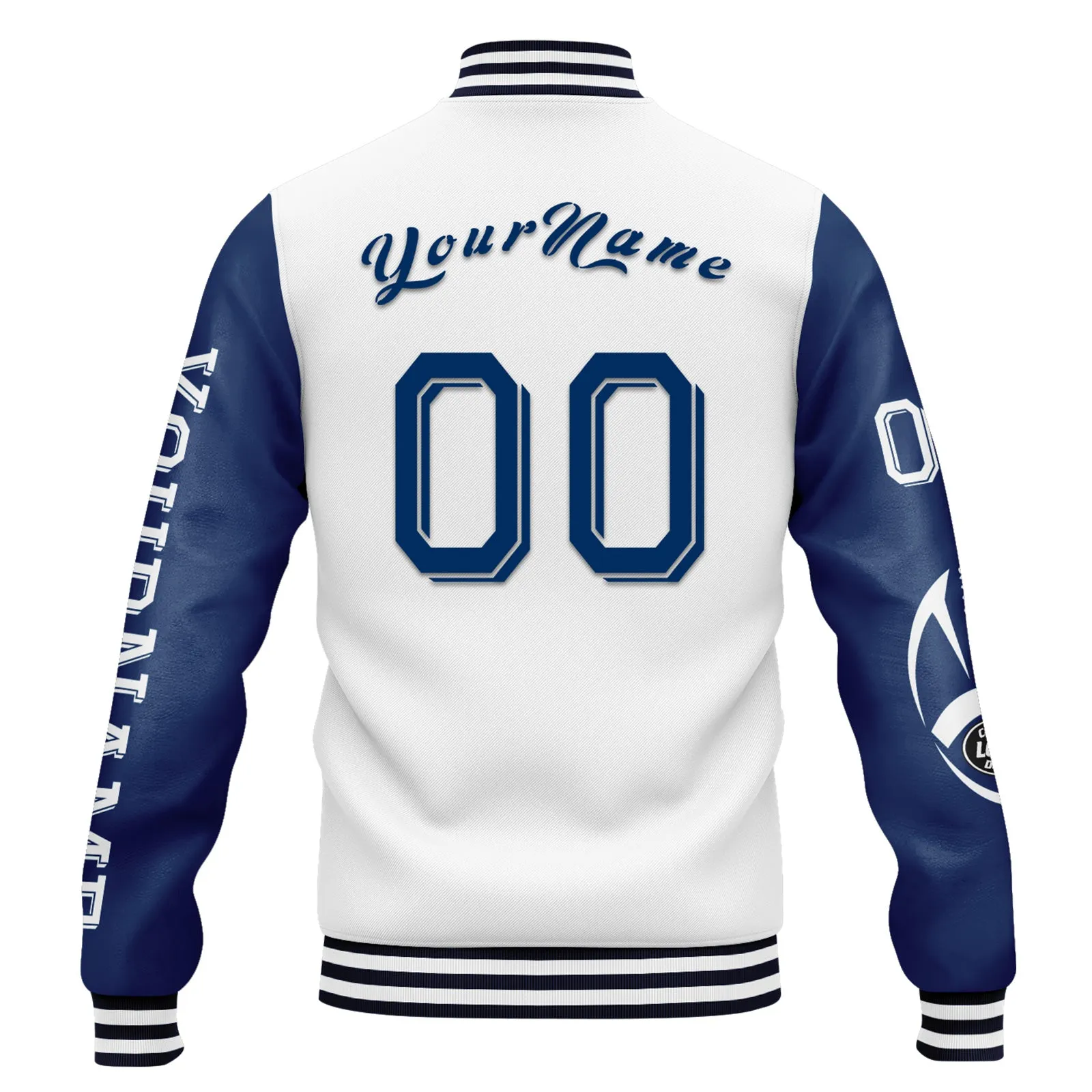 Custom White Blue Indianapolis Jacket Bomber Full-Snap Varsity Letterman Personalized Jacket FZ005SX-D020290-14