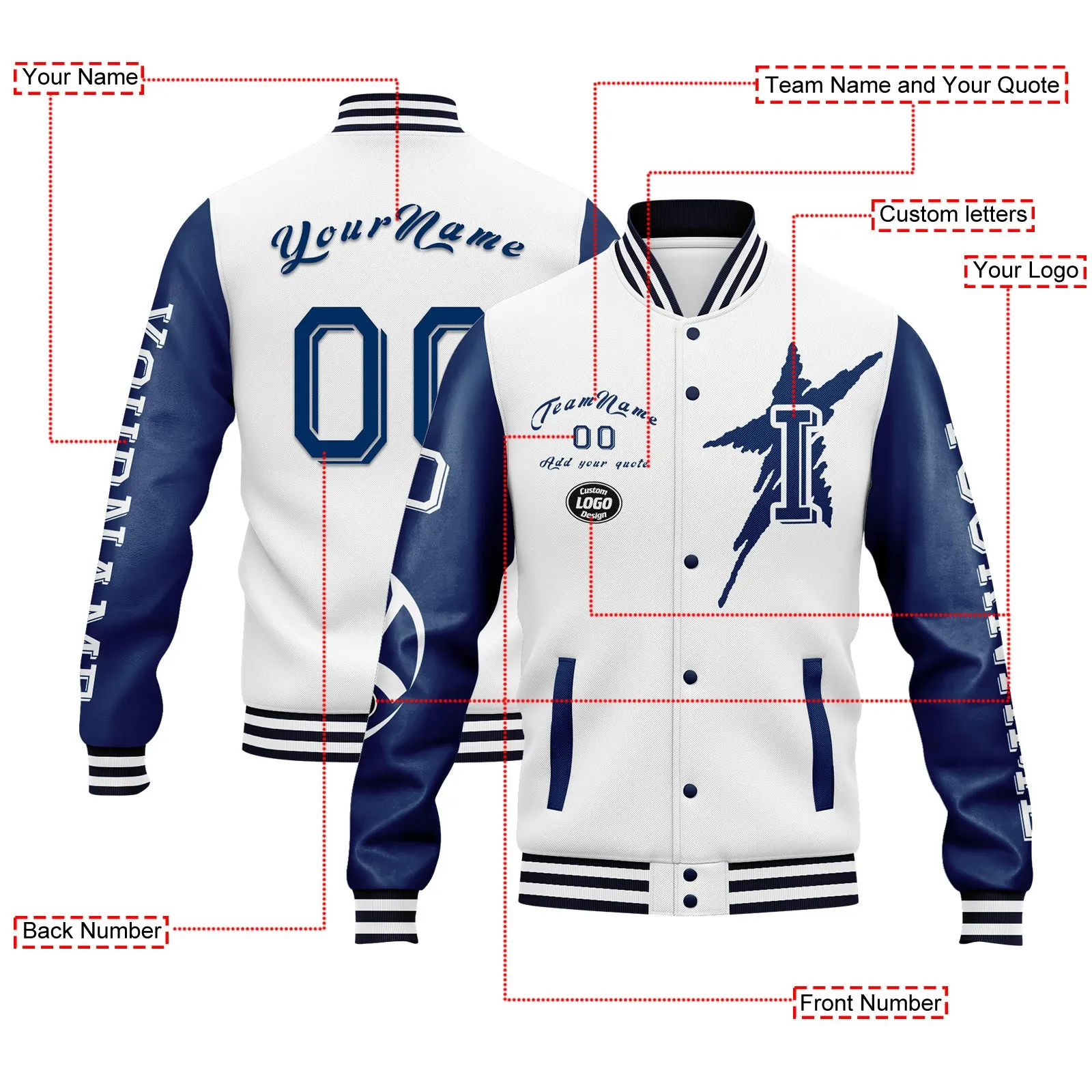 Custom White Blue Indianapolis Jacket Bomber Full-Snap Varsity Letterman Personalized Jacket FZ005SX-D020290-14