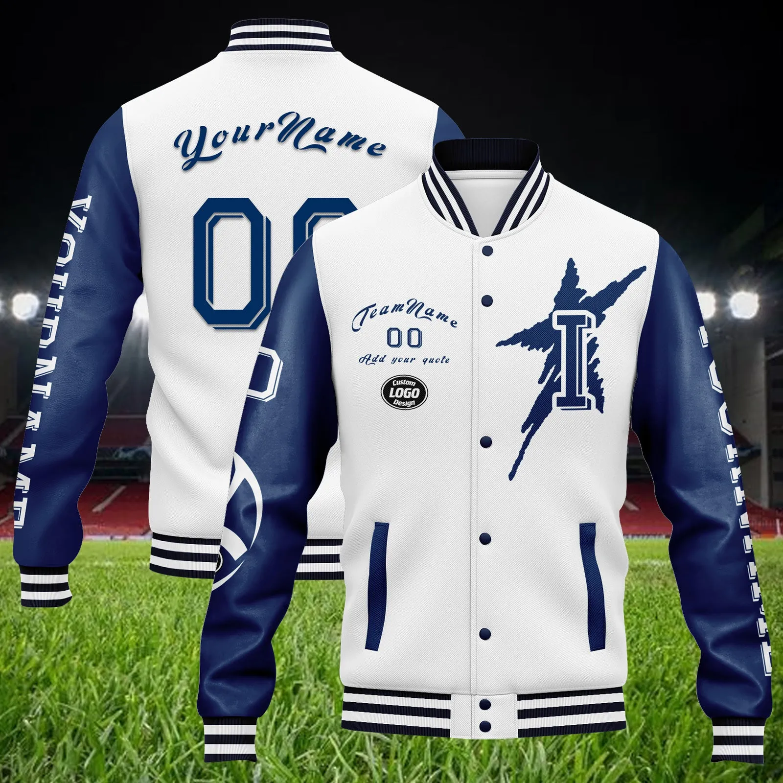 Custom White Blue Indianapolis Jacket Bomber Full-Snap Varsity Letterman Personalized Jacket FZ005SX-D020290-14