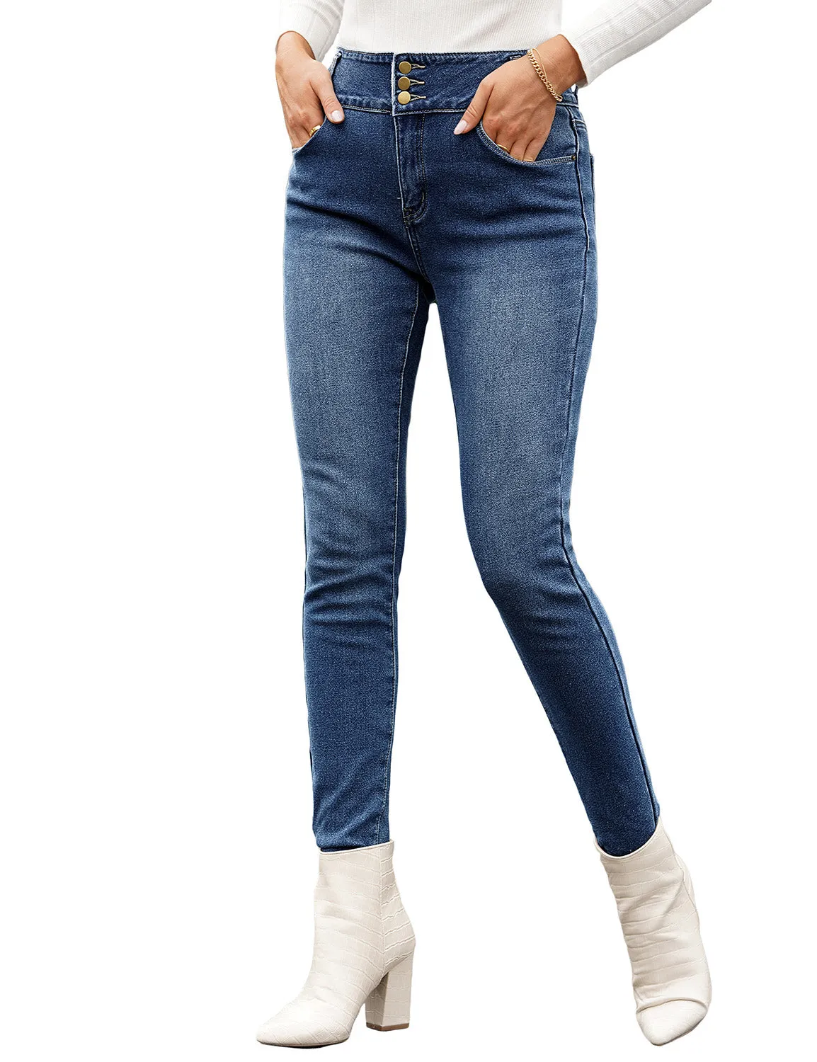 Dark Blue Triple Button Fleece-Lined Skinny Denim Jeans