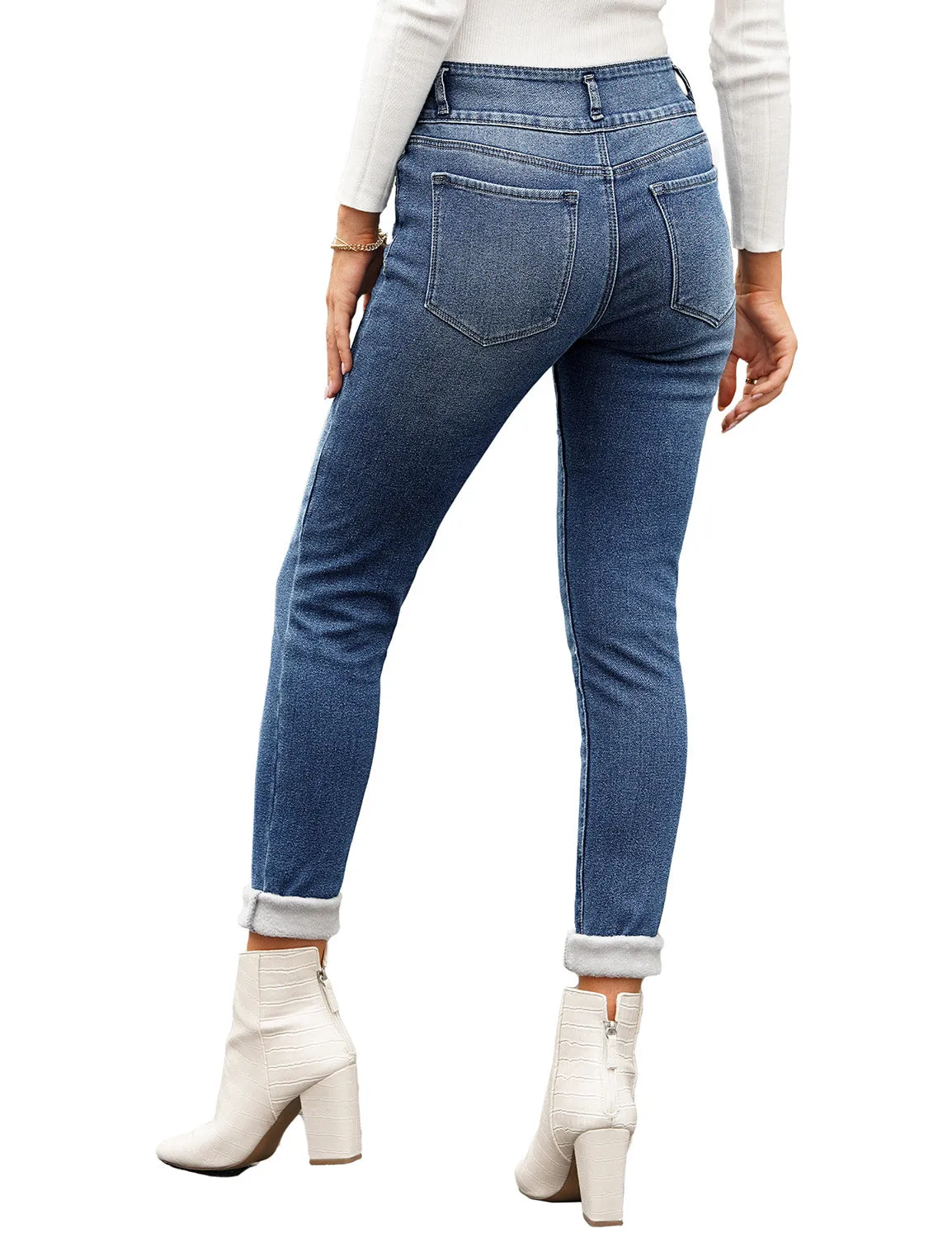 Dark Blue Triple Button Fleece-Lined Skinny Denim Jeans