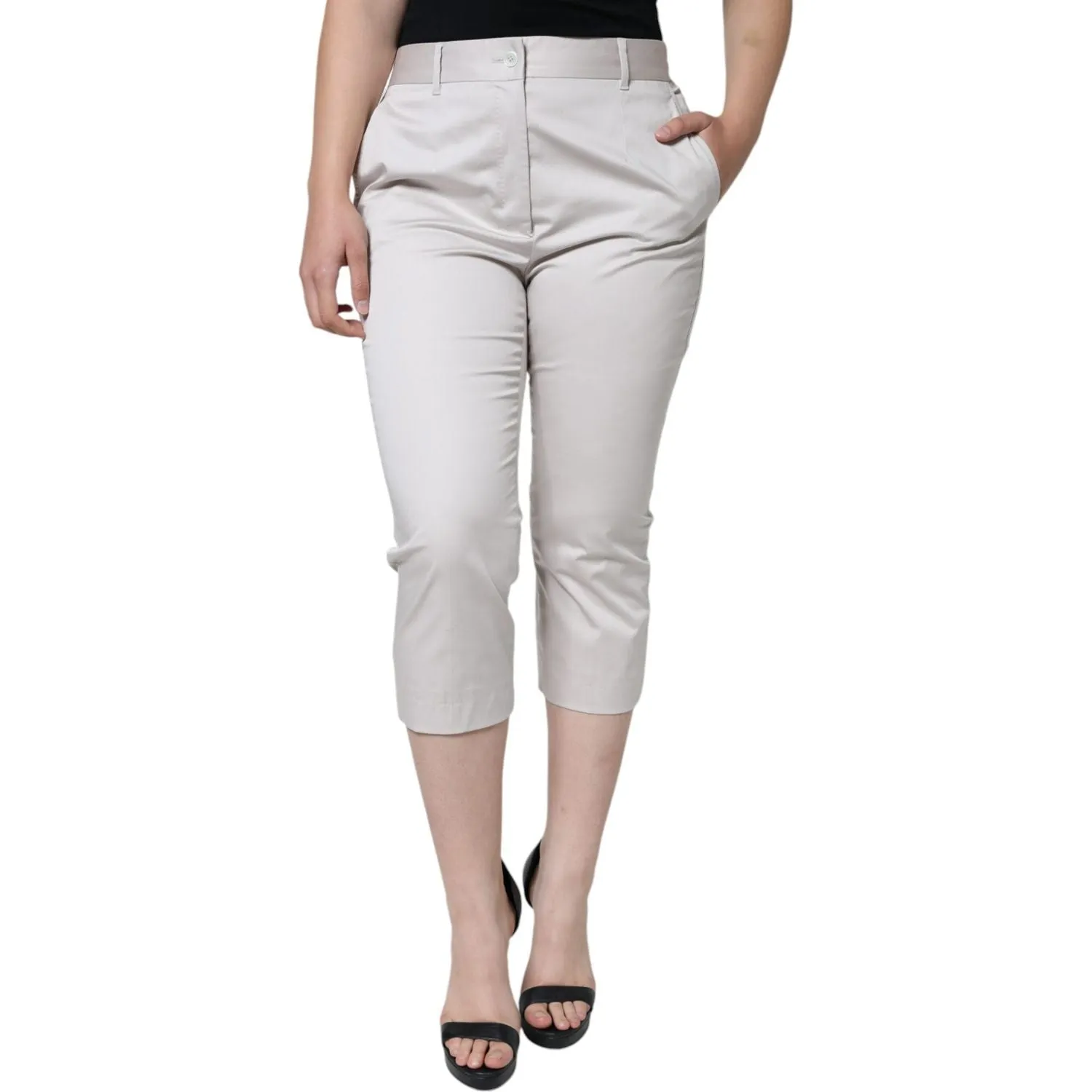 Dolce & Gabbana White Cotton Mid Waist Cropped Skinny Pants