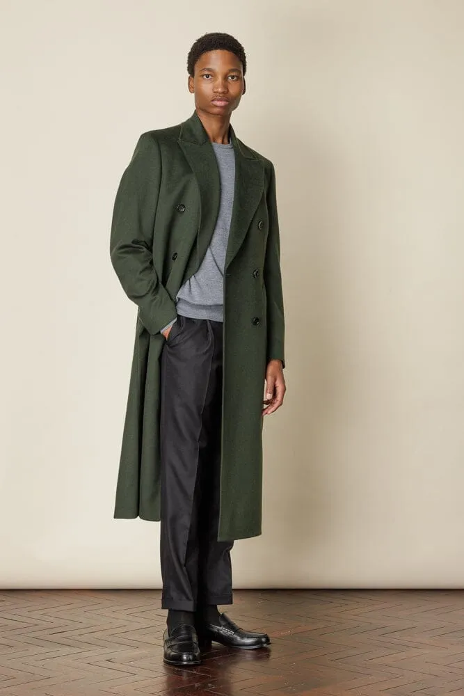 Double Breasted Long Coat - Olive Wool