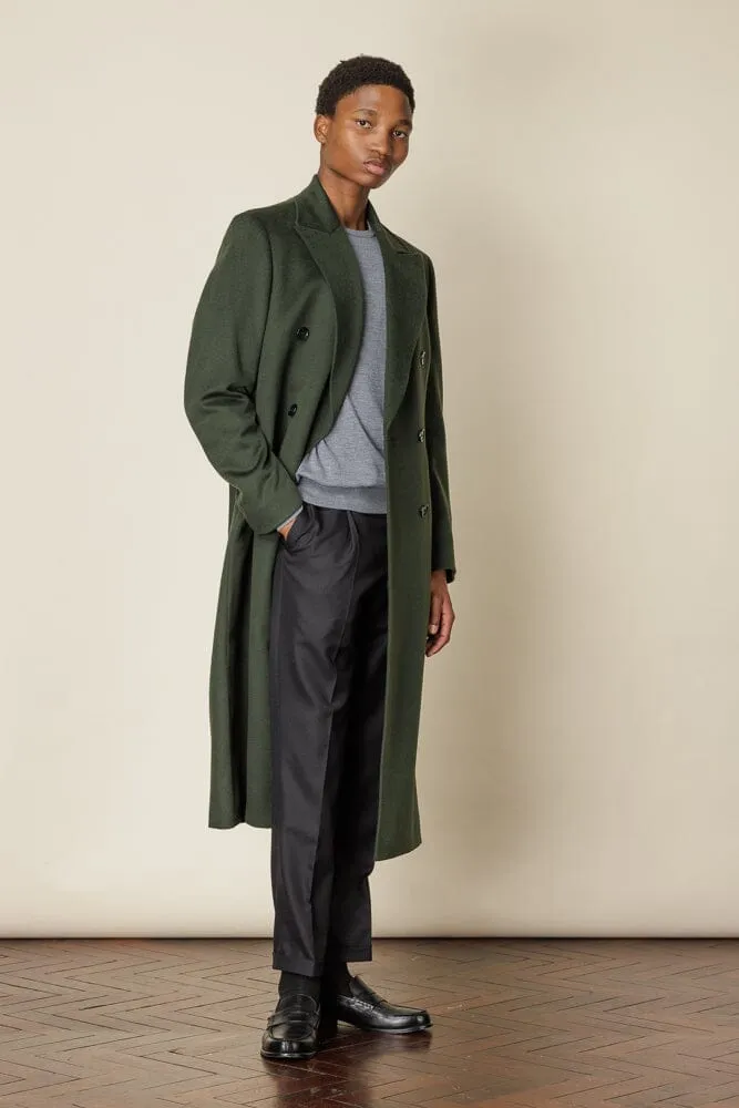 Double Breasted Long Coat - Olive Wool