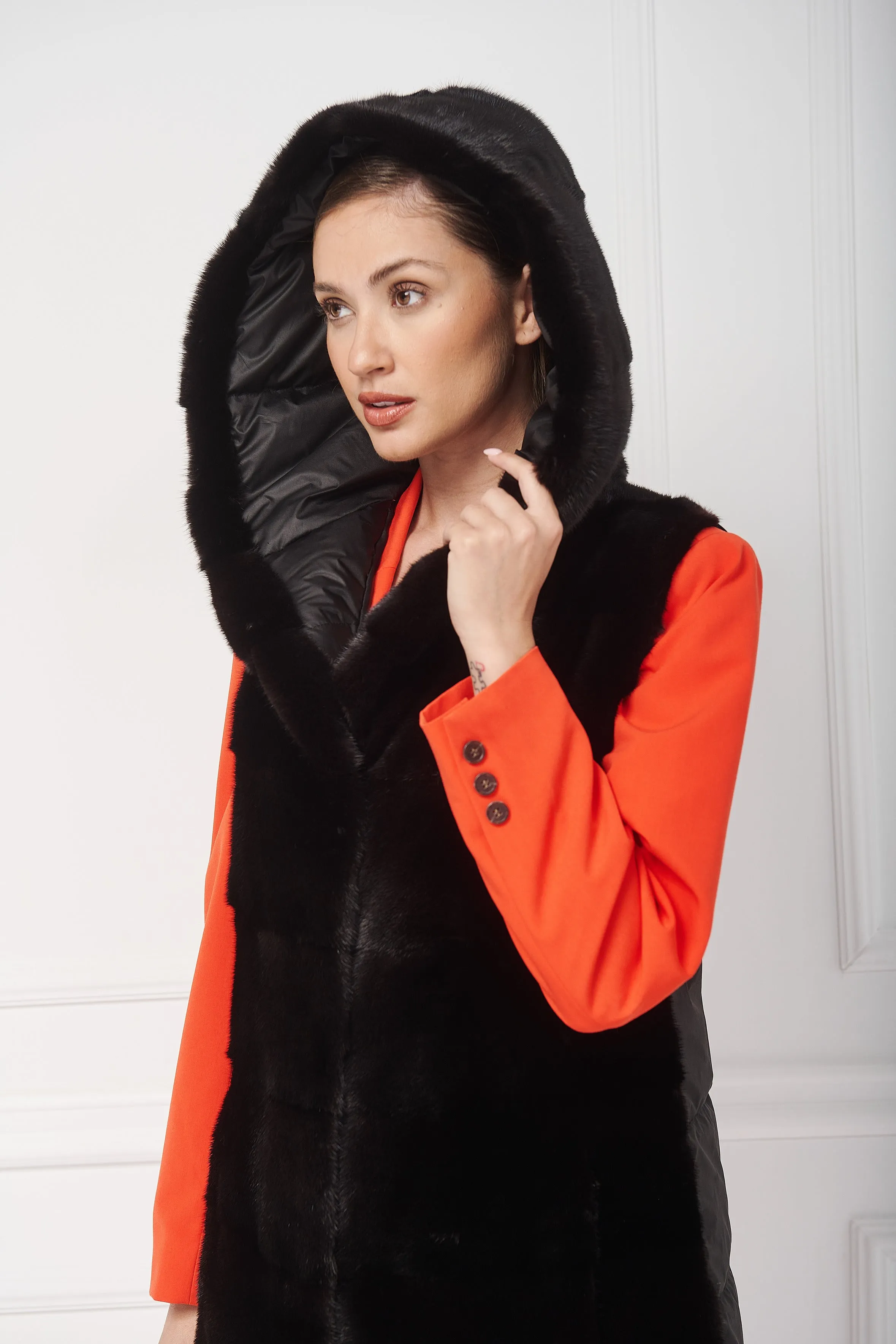 Down hooded coat with mink