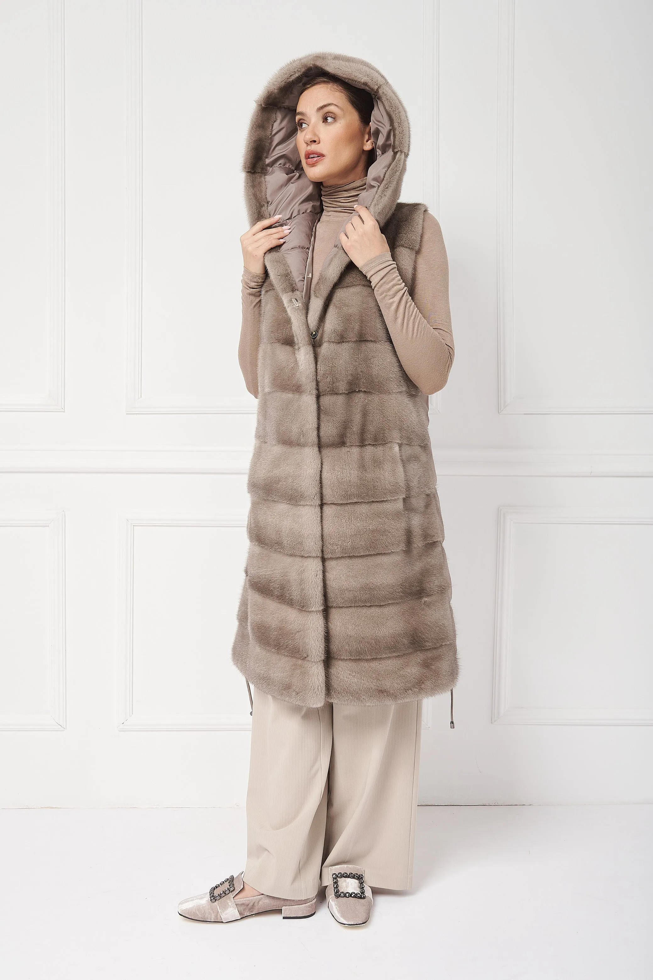 Down hooded coat with mink