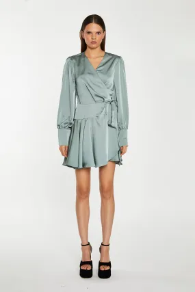 Dusty-Green Satin Wrap Mini-Dress