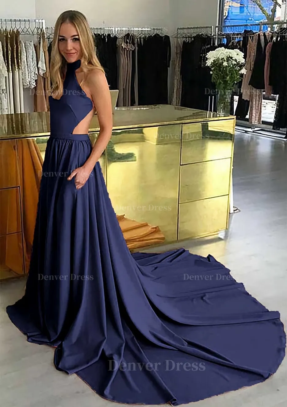 Elastic Satin Prom Dress A-Line/Princess High-Neck Chapel Train With Pleated