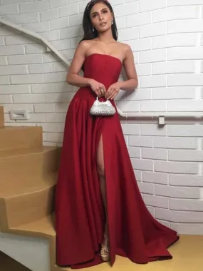 Elegant Dark Red Strapless Satin Long Prom Dresses with Side High Slit, Dark Red Formal Graduation Evening Dresses