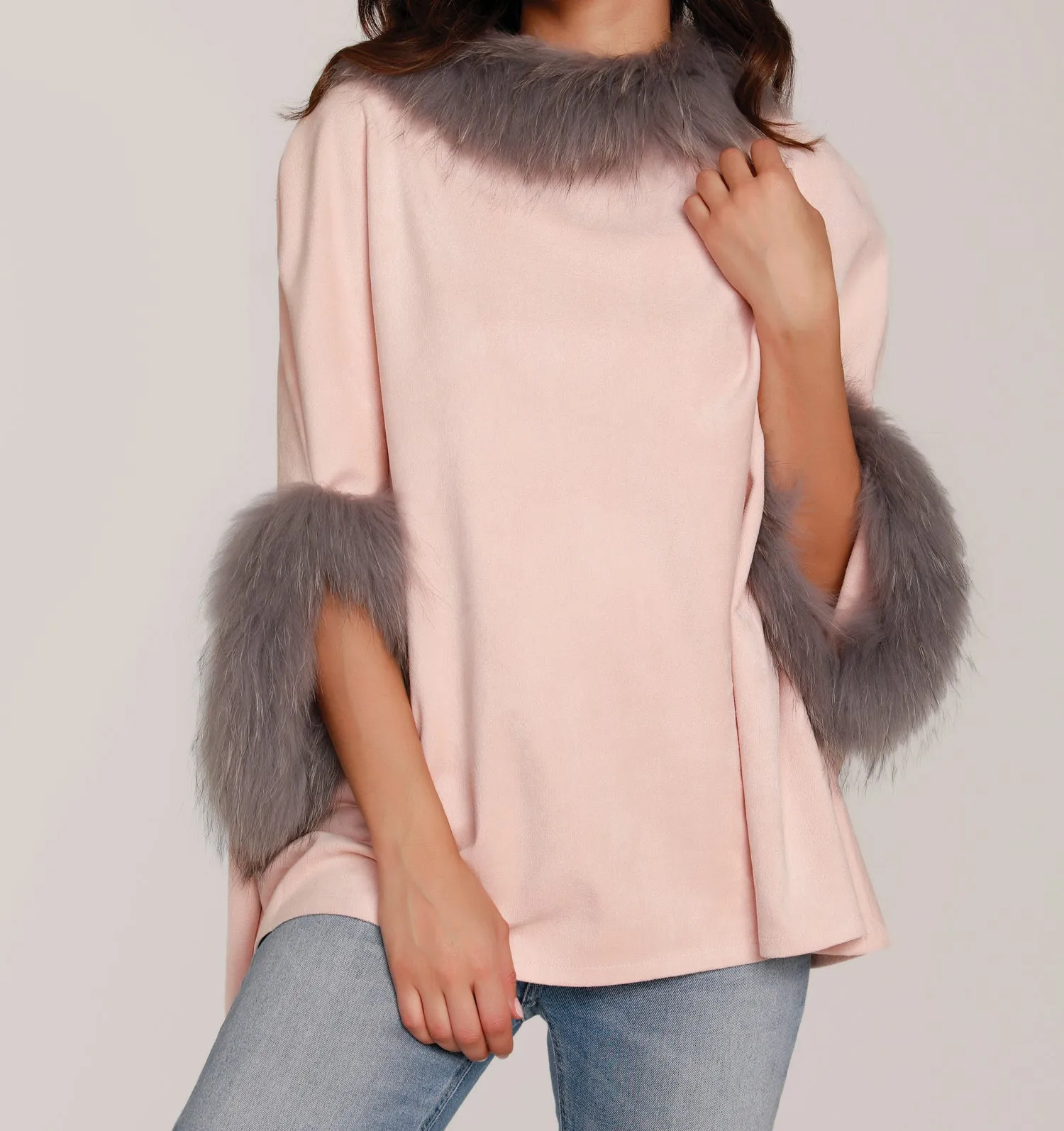 Faux Suede Fur Trimmed Poncho