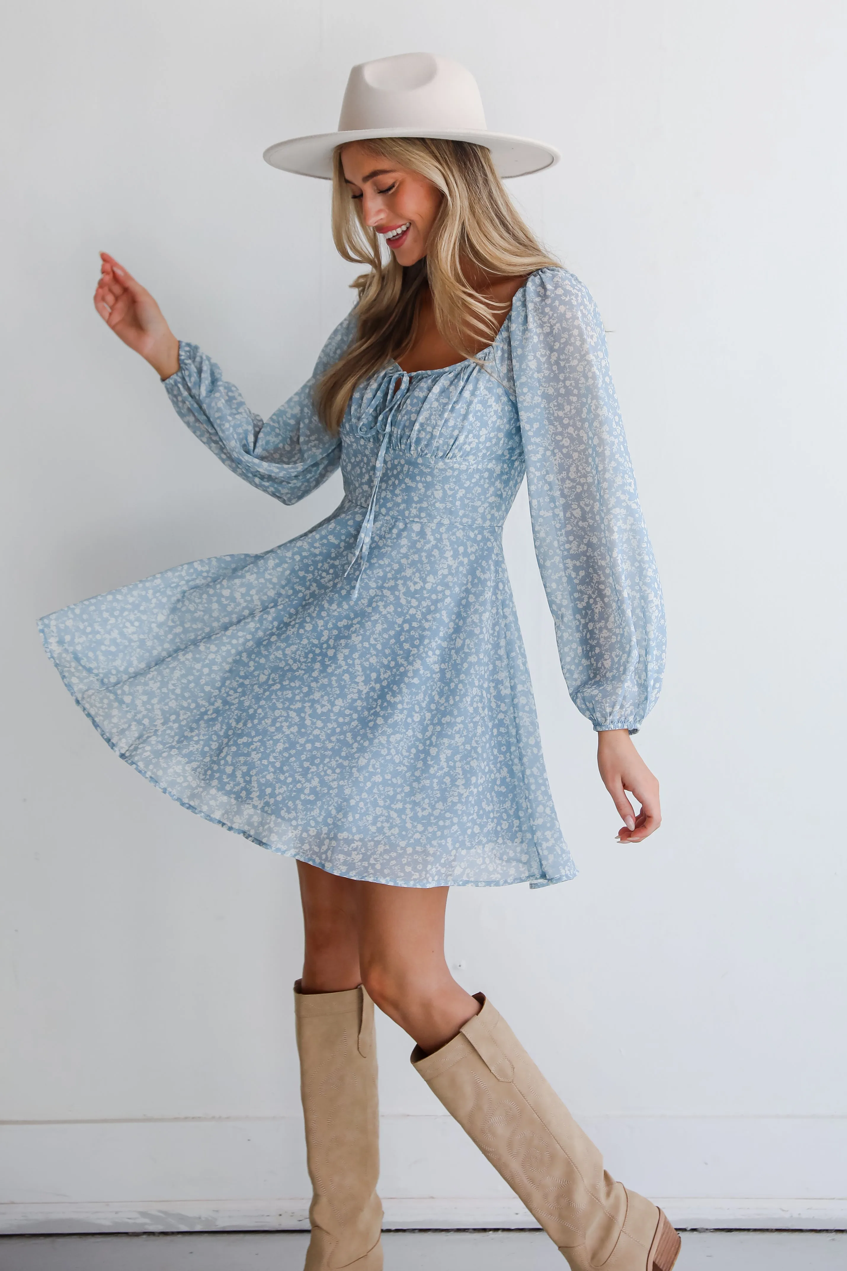 FINAL SALE - Passionate Aura Dusty Blue Floral Mini Dress