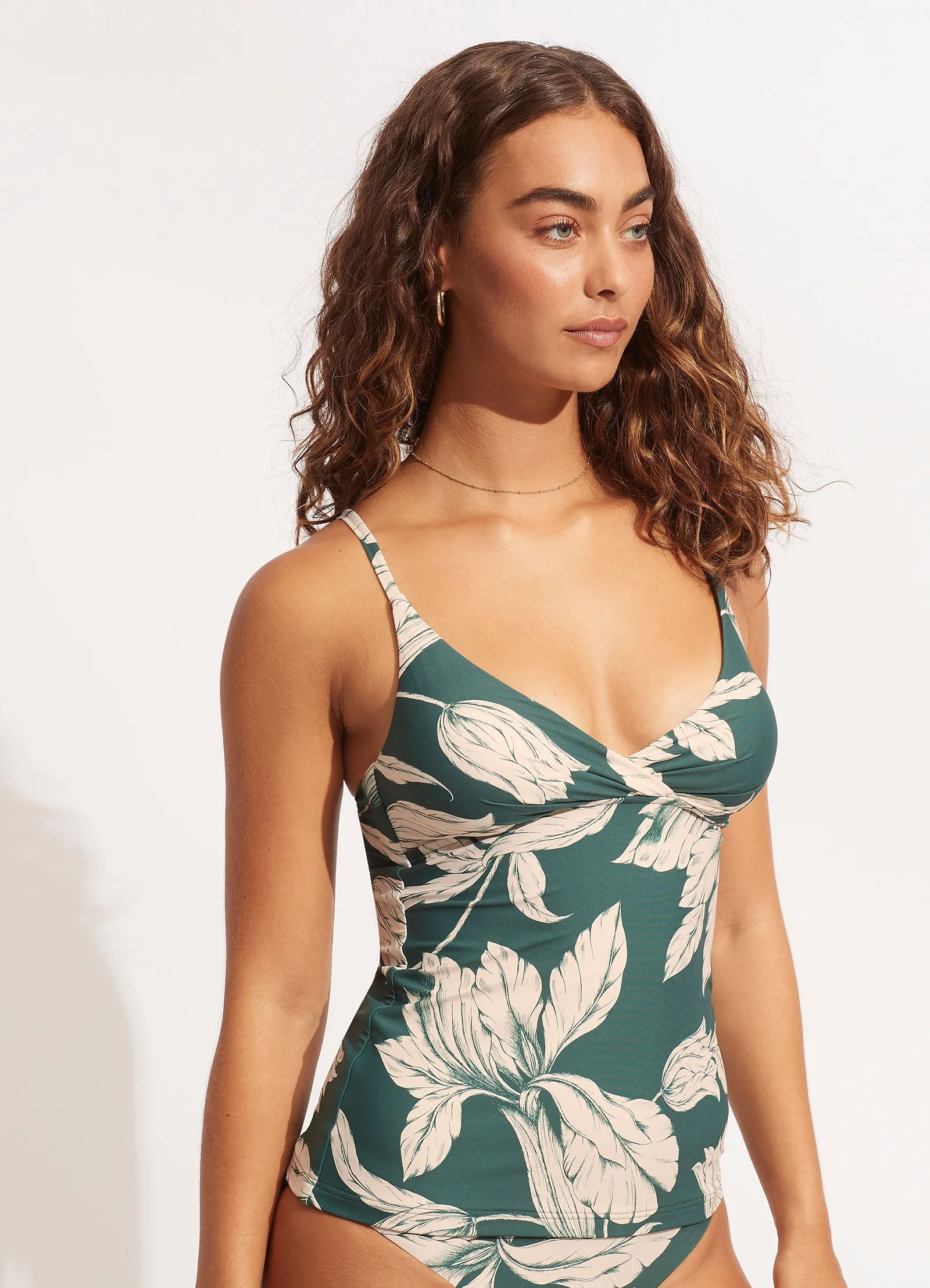 Fleur de Bloom Wrap Front Tankini Top - Evergreen