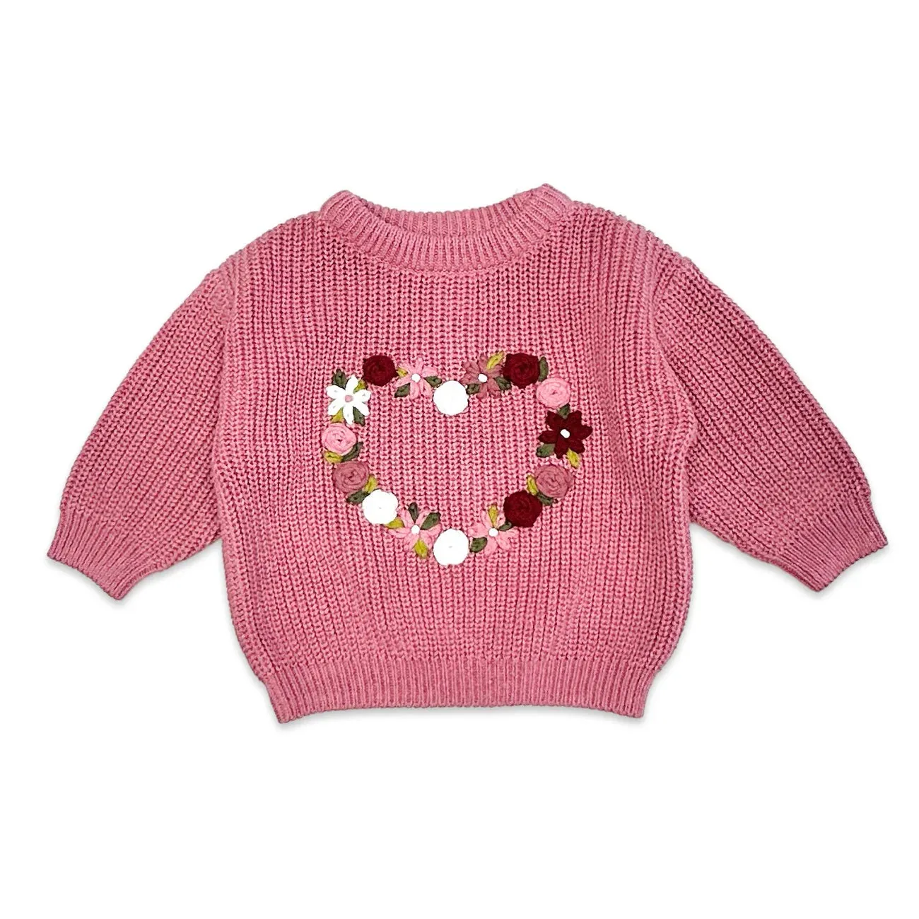 French Rose Heart Hand-Embroidered Slouchy Baby Sweater