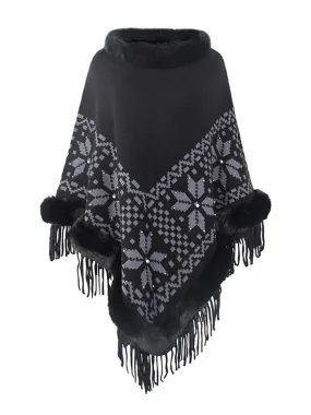 Fur Trim Patchwork Beaded Fringe Shawl