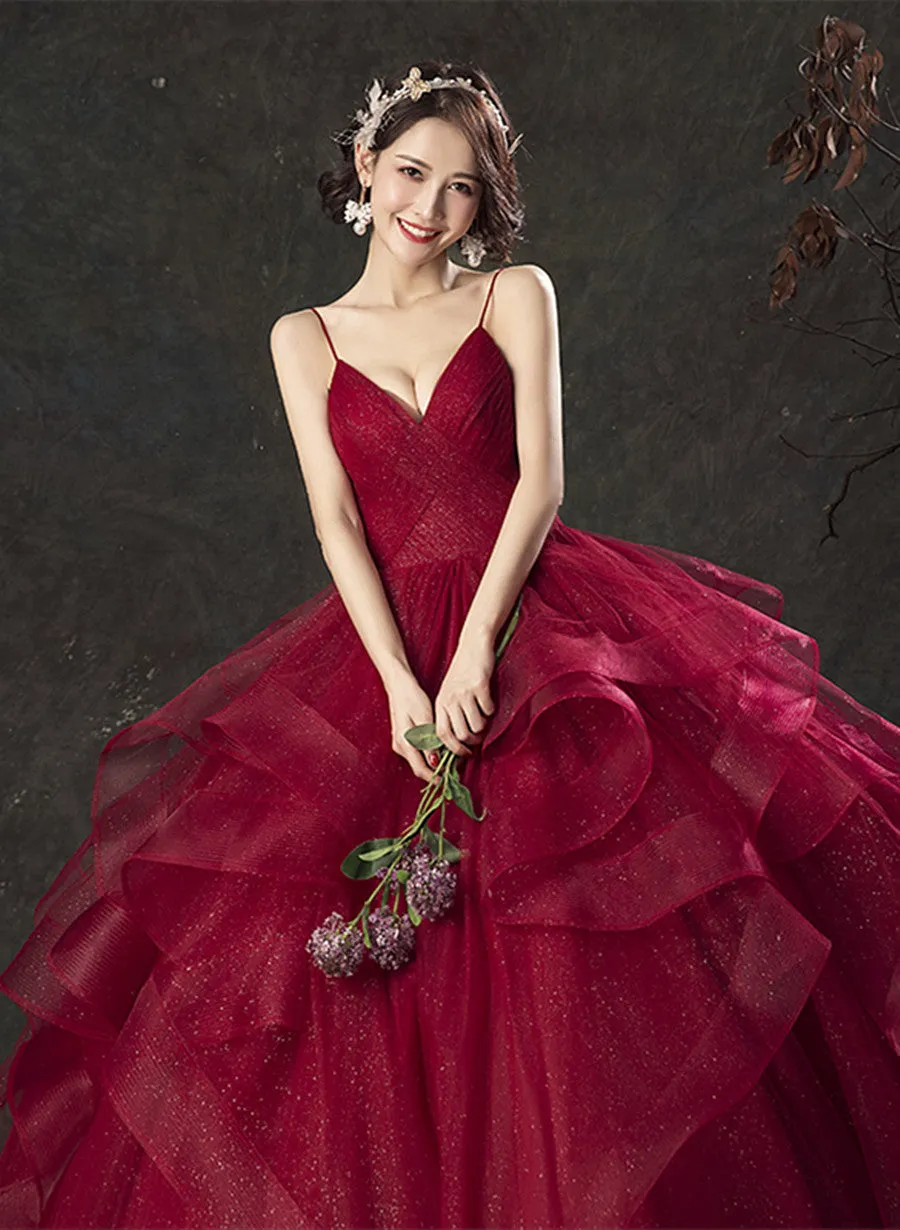 Glam Wine Red Tulle Ball Gown V-neckline Prom Dress, Wine Red Evening Dress