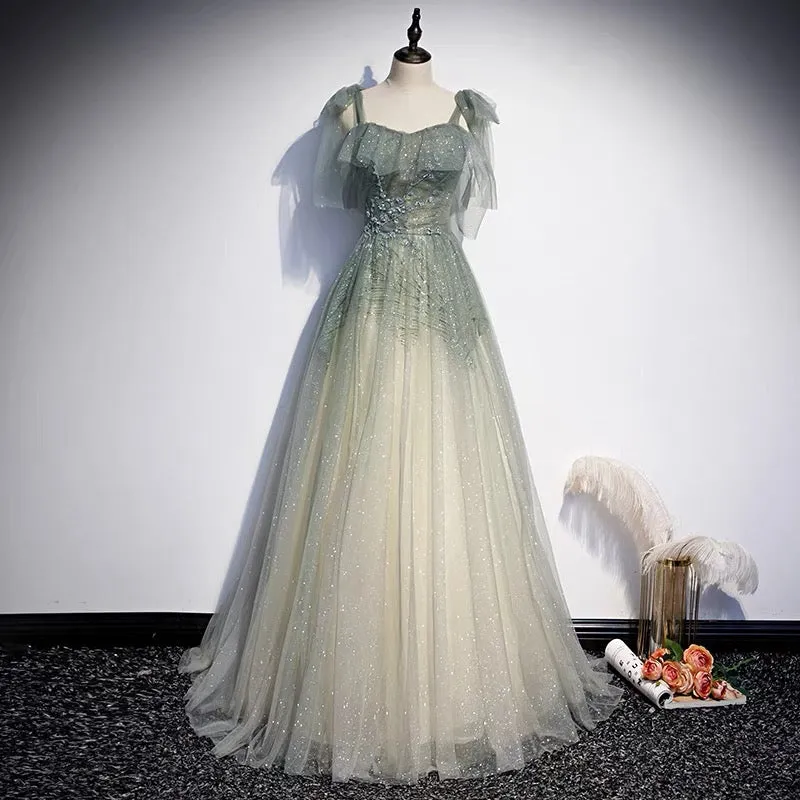 Glitter Gradient Sage Green Tulle Prom Dress