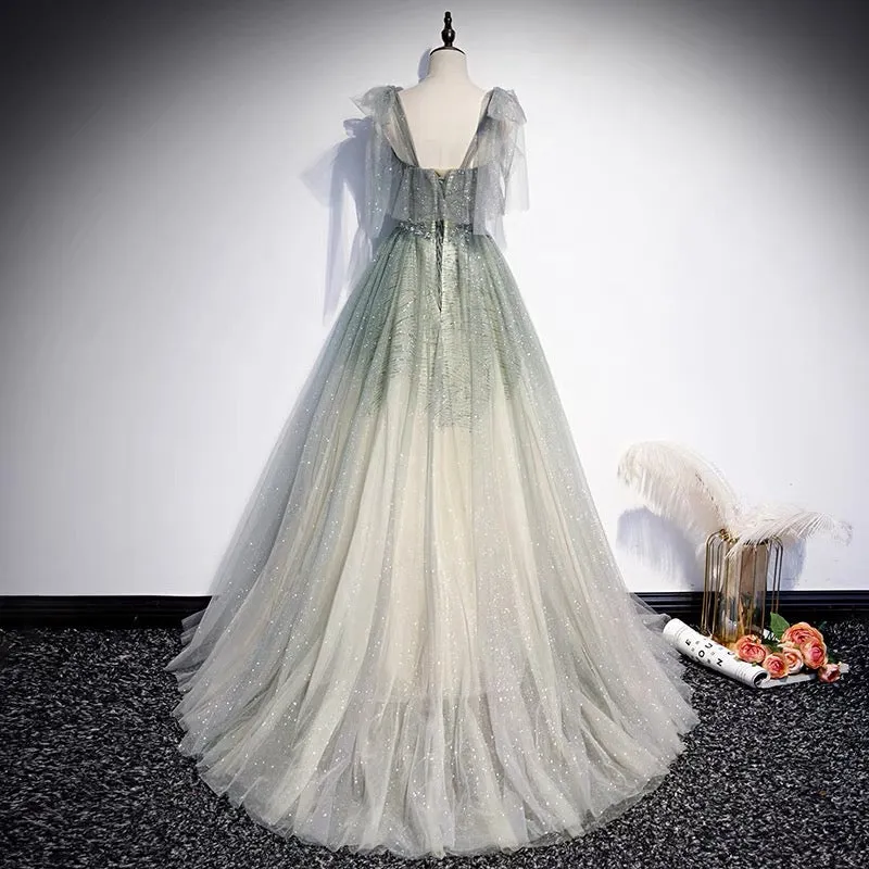 Glitter Gradient Sage Green Tulle Prom Dress