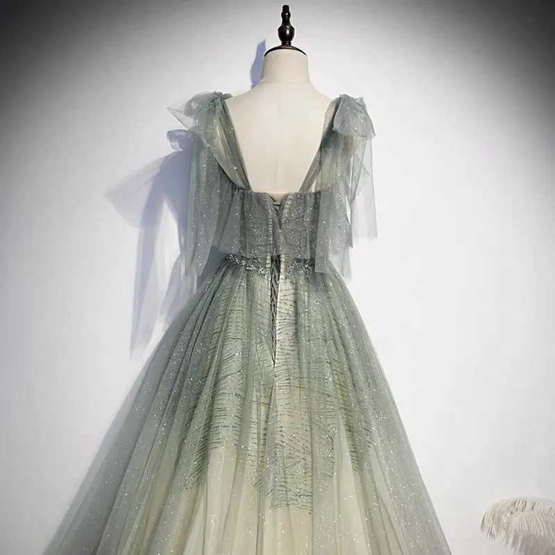 Glitter Gradient Sage Green Tulle Prom Dress