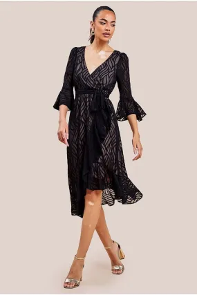 Goddiva Chiffon Geo-Wave Front Frill Wrap Midi Dress - Black