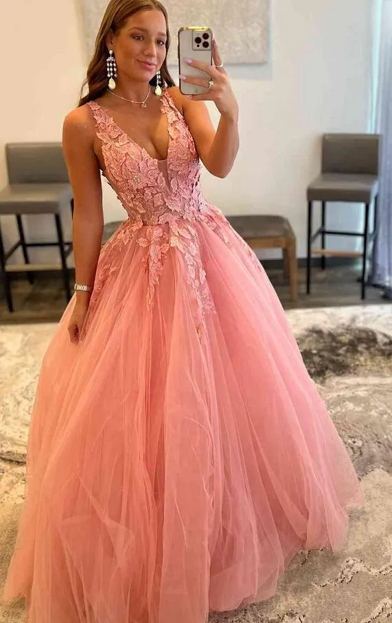 Gorgeous Orange V-Neck Floral Tulle Long Prom Dress PC1337