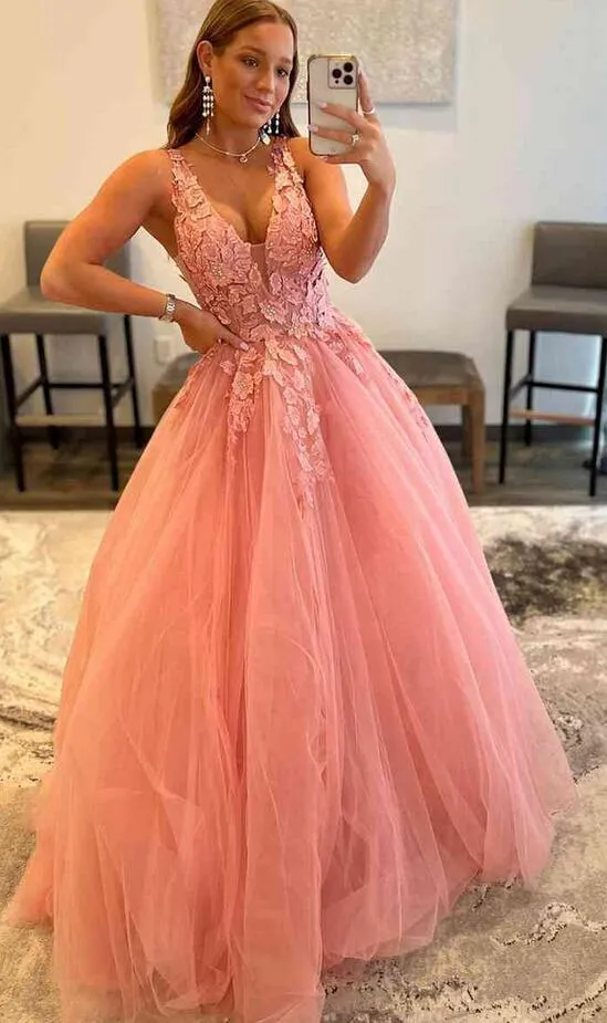 Gorgeous Orange V-Neck Floral Tulle Long Prom Dress PC1337