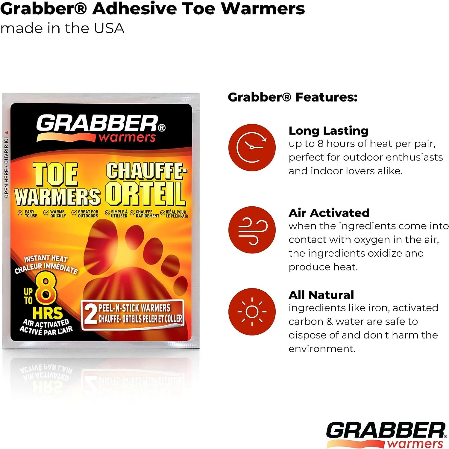 Grabber Toe Warmers - Long Lasting Safe Natural Odorless Air Activated Warmers - Up to 8 Hours of Heat - 40 Pair Box