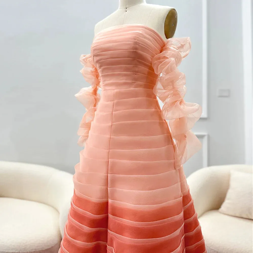 Gradient Pink Pleated Off-Shoulder Floor-Length Dress