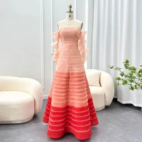 Gradient Pink Pleated Off-Shoulder Floor-Length Dress