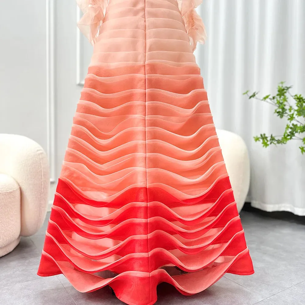 Gradient Pink Pleated Off-Shoulder Floor-Length Dress