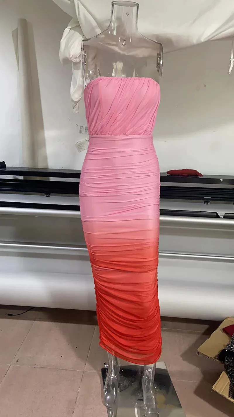 Gradient Strapless Backless Sexy Maxi Dress For Women Fashion Off-shoulder Sleeveless Bodycon Back Split Long Dress