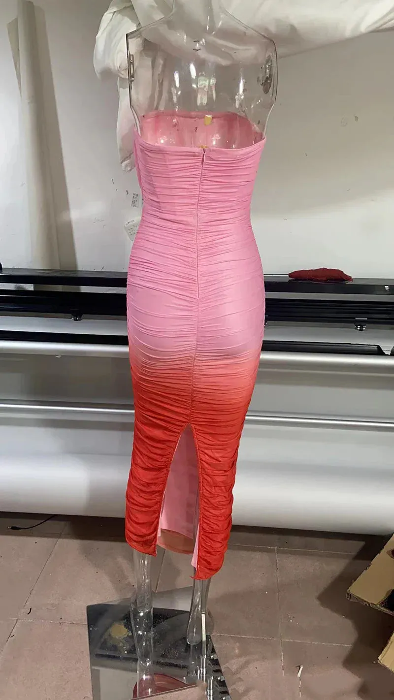 Gradient Strapless Backless Sexy Maxi Dress For Women Fashion Off-shoulder Sleeveless Bodycon Back Split Long Dress