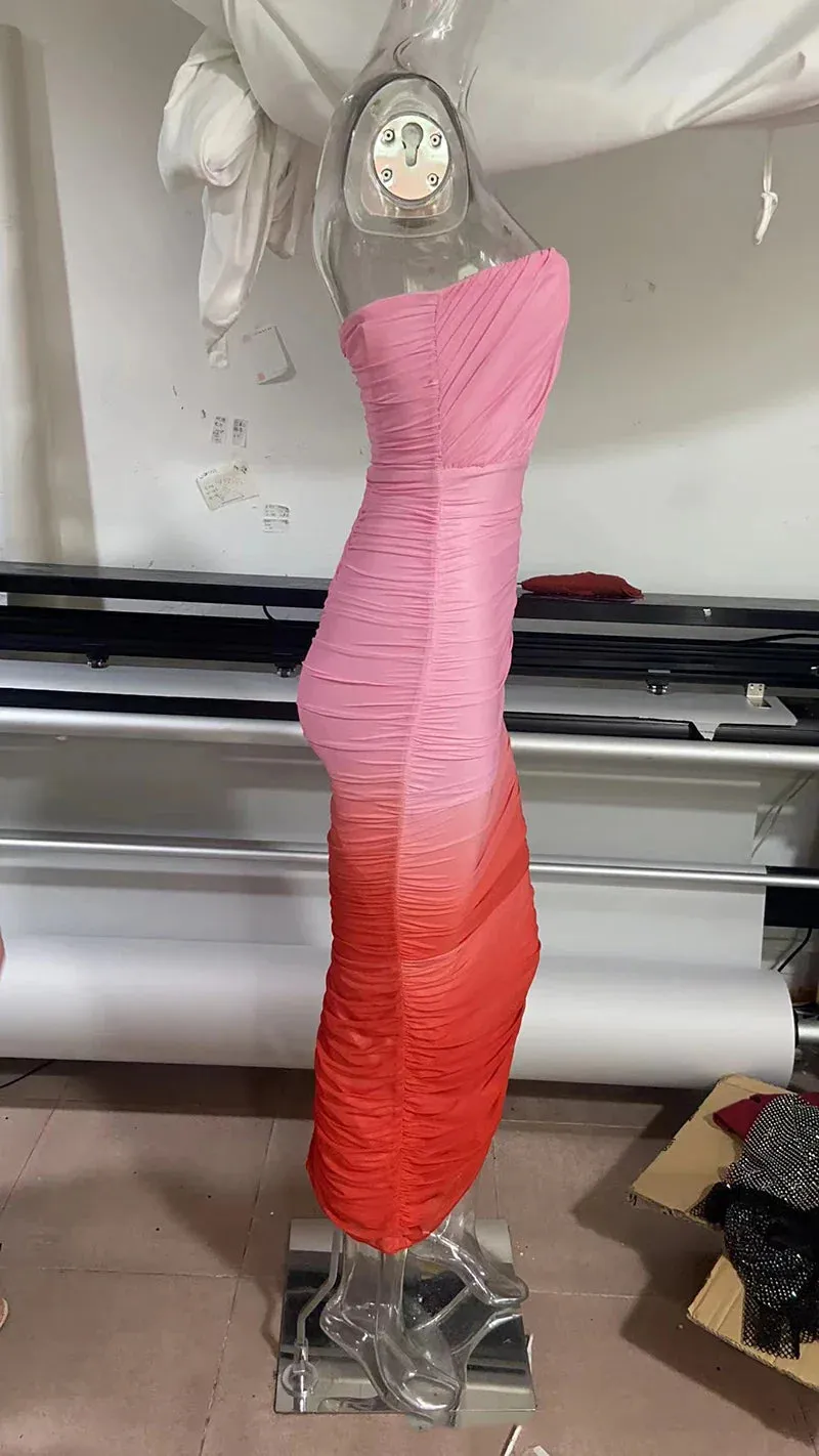 Gradient Strapless Backless Sexy Maxi Dress For Women Fashion Off-shoulder Sleeveless Bodycon Back Split Long Dress