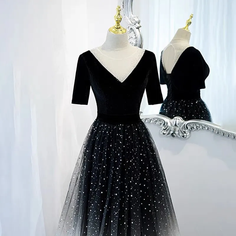 Half Sleeves Gradient Black Prom Dress