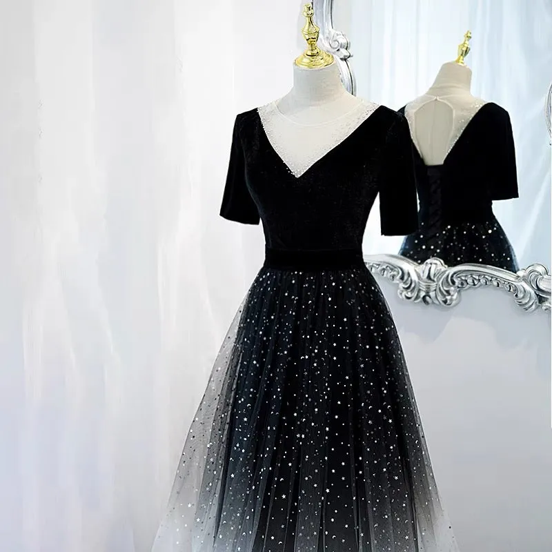 Half Sleeves Gradient Black Prom Dress