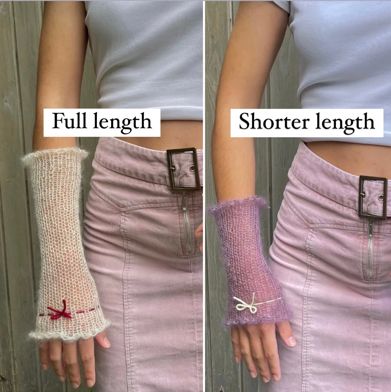 Handmade knitted mohair hand warmers in lilac with brown bow