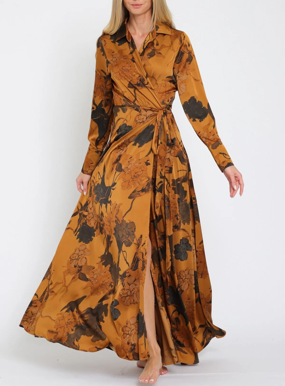 Harvest Festivities Long Sleeve Collar Wrap Maxi Dress