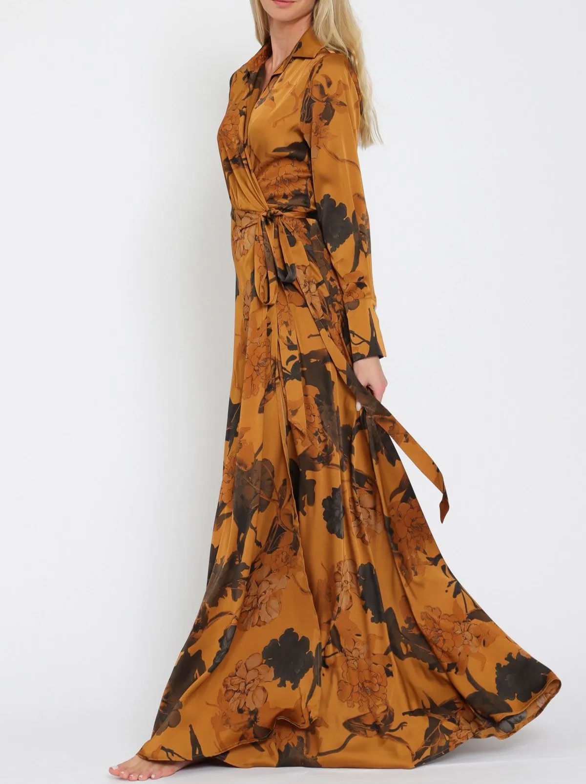 Harvest Festivities Long Sleeve Collar Wrap Maxi Dress