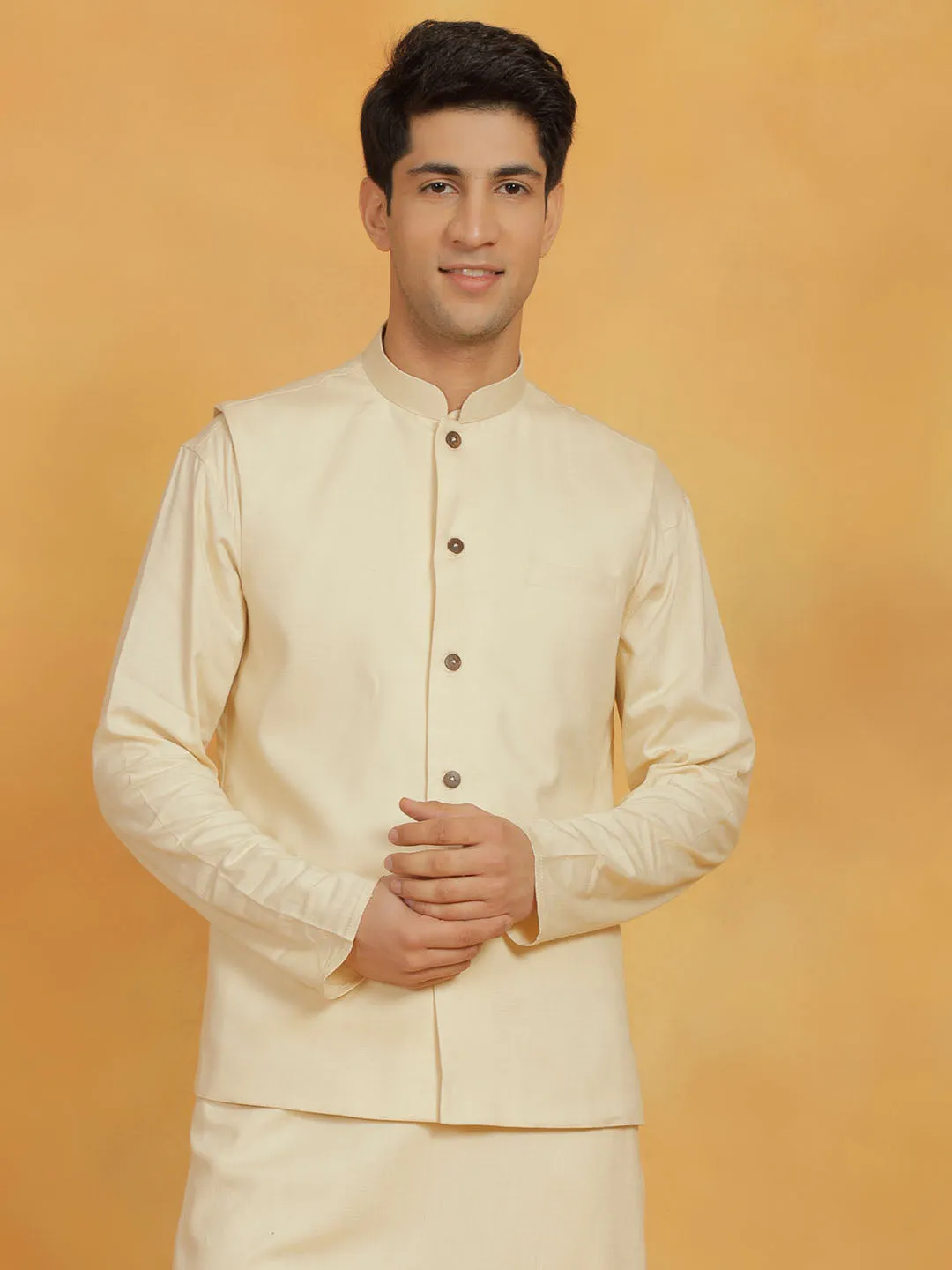 Jashvi Men's Cream Cotton Linen Nehru Jacket