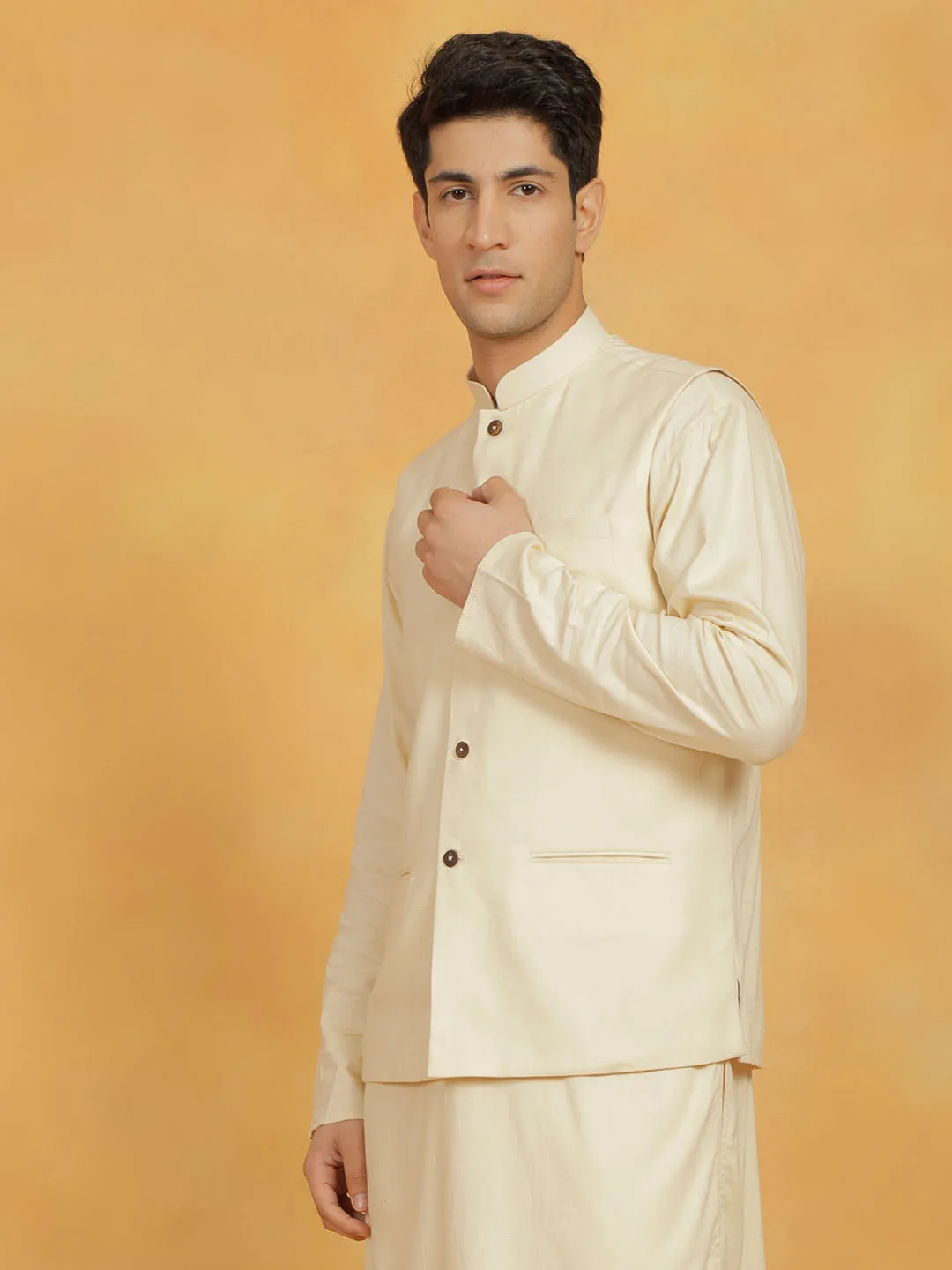 Jashvi Men's Cream Cotton Linen Nehru Jacket