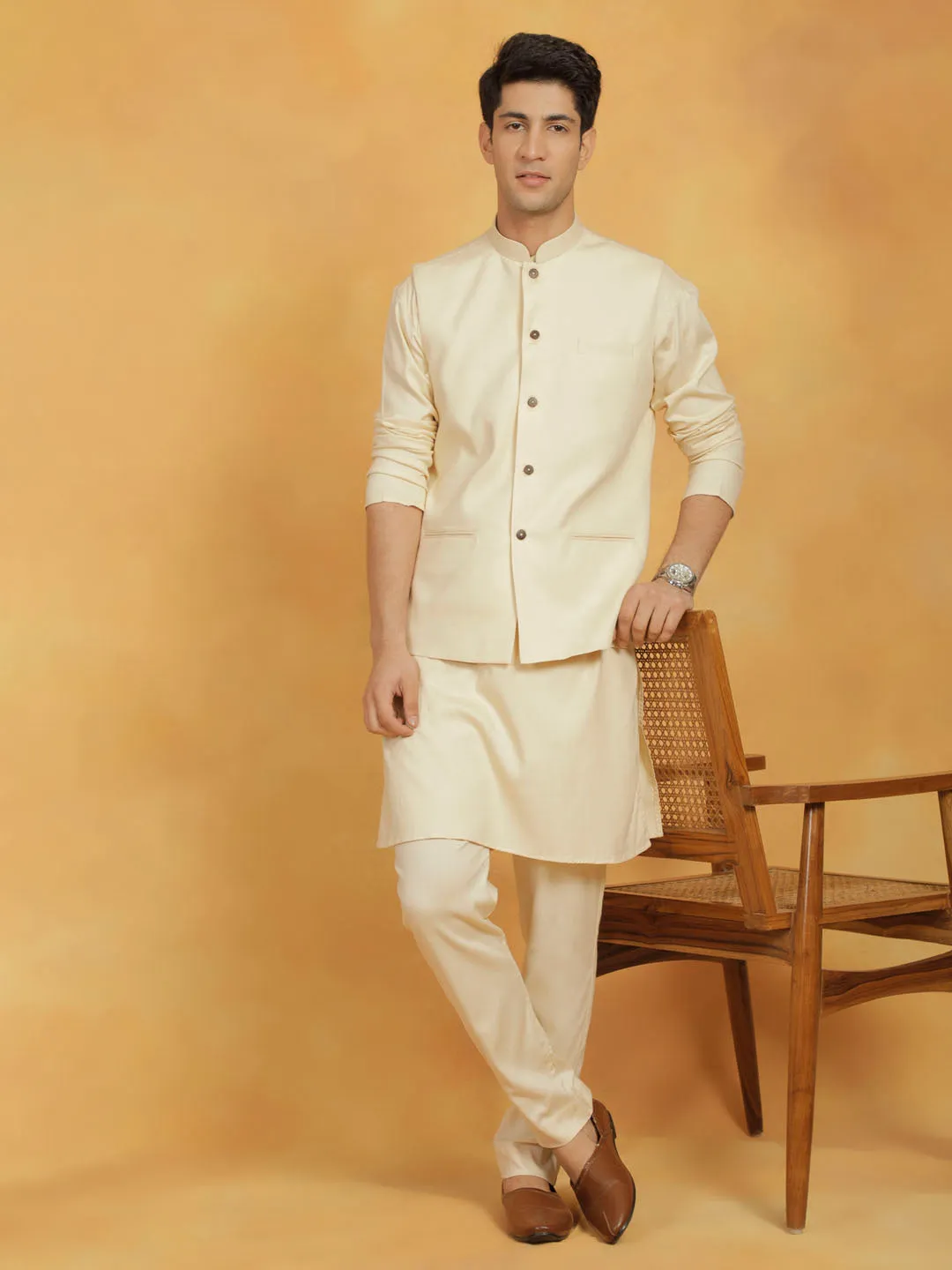 Jashvi Men's Cream Cotton Linen Nehru Jacket